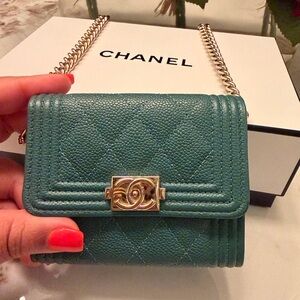 CHANEL Boy Caviar Card Holder Wallet on a chain- Green with gold hardware